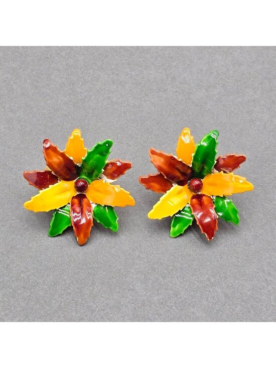 Lisner Jewelry - Vintage Lisner Poinsettia Clip On Earrings Enamel Mid-Century Floral Jewelry 1.2
